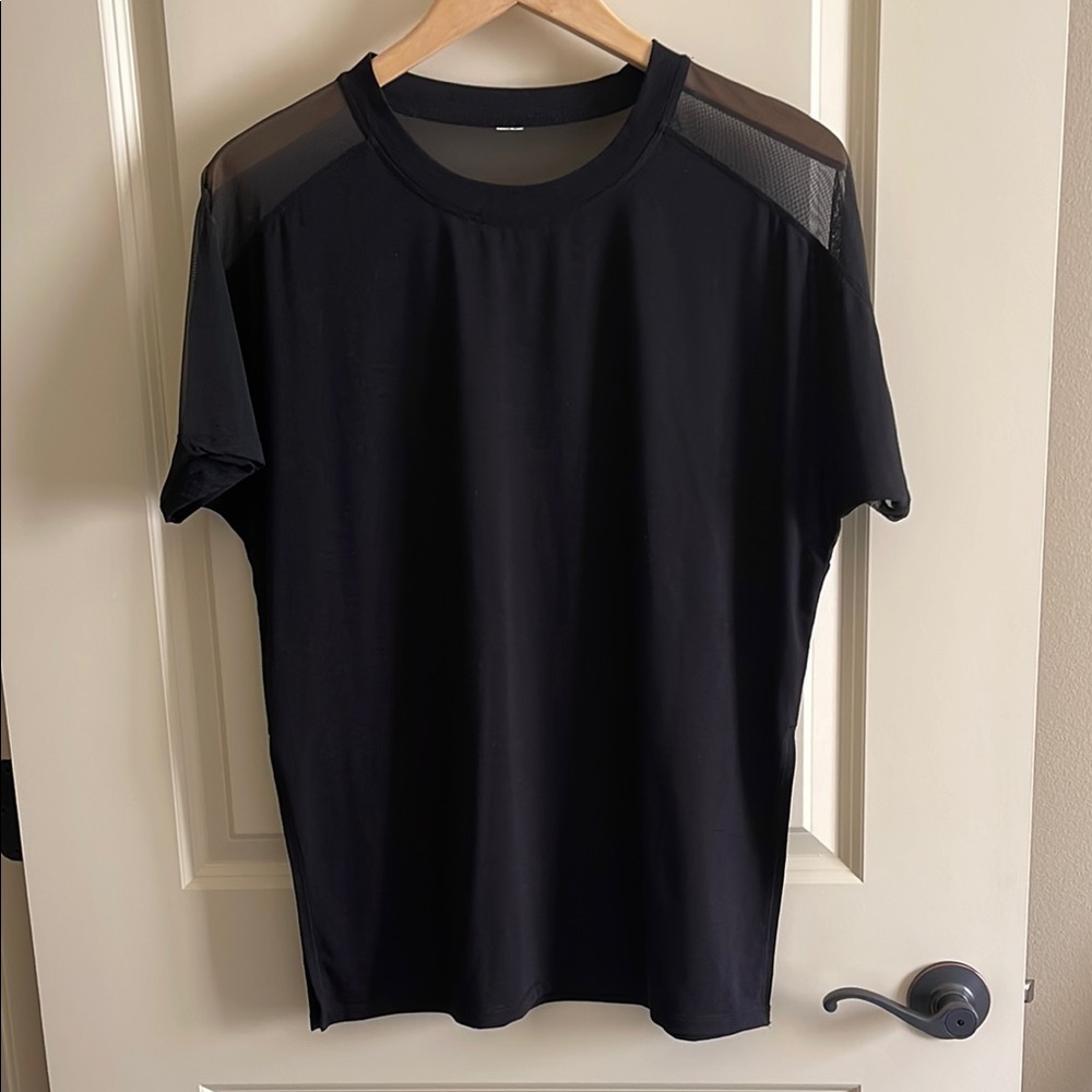 Black Short Sleeve Tee with Sheer Shoulder Panels size 10